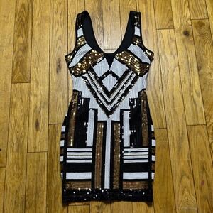 Bebe 2b Sequin Art Deco Geometric‎ Mini Dress Gold Silver Black V-Neck S